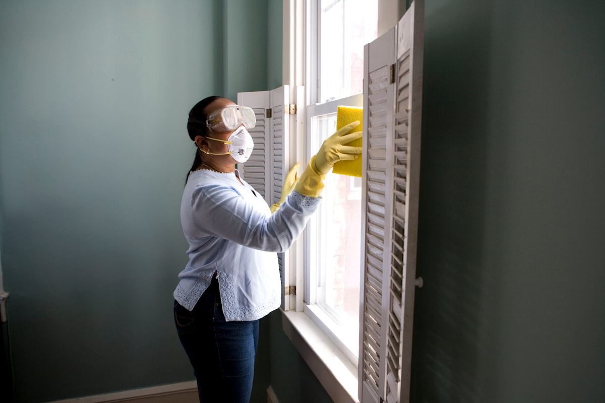 Professional cleaner wiping a window